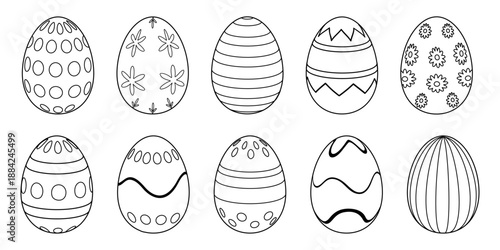 Easter eggs coloring pages for kids with simple hand drawn outlines. Black and white vector set for children coloring books, preschool worksheets, education and holiday crafts.