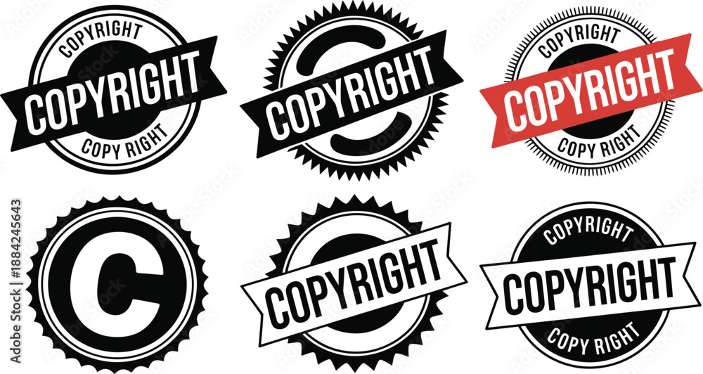 Obraz premium Six different black and white copyright stamps and seals signify intellectual property.