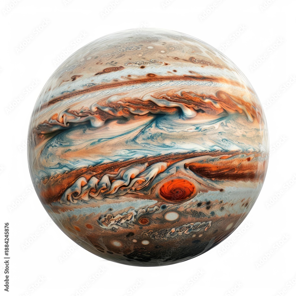 Fototapeta premium Jupiter planet rotating in space showing the great red spot, colorful stripes and southern hemisphere