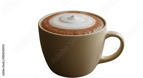 Beige cup holds creamy hot cocoa with foamy art. Use for branding, menu design, ads.