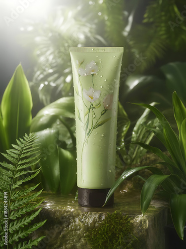 Green Hydrating Lotion Tube on Mossy Stone , A natural Skincare Product, Organic Beauty, Refreshing Tropical Setting on natural forest background