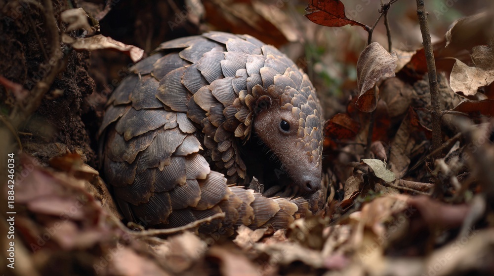 Fototapeta premium Pangolin Curled Defensively in Its Natural Habitat on Forest Floor
