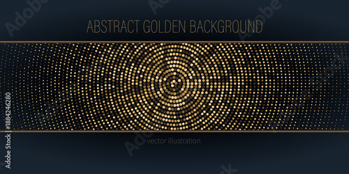 Luxury abstract golden vector background with concentric circular dot pattern on dark black backdrop. Elegant geometric halftone design for banners, wallpapers, presentations, branding, and premium pr