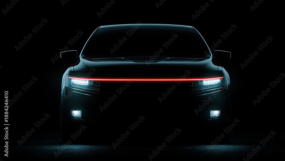 Naklejka premium Illuminated electric car front view, low-key lighting, headlights glowing, sleek design, dark background