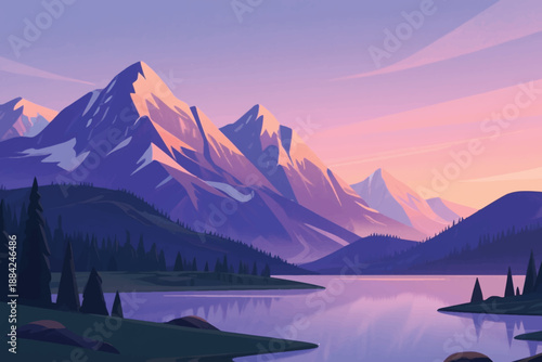 Snowy mountain peaks at sunrise reflected in calm lake with pine trees and warm gradient sky.