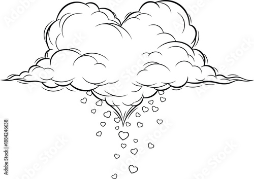 A whimsical illustration of a heart-shaped cloud raining hearts on a white background
