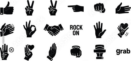 A comprehensive collection of hand gestures including thumbs up, handshake, and rock on signs