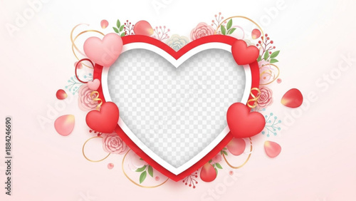 Heart shaped frame with red hearts flowers and leaves on pink background for valentine's day love romance and affection with a white transparent center