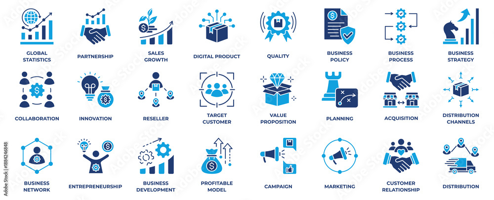 Fototapeta premium Business Concept flat blue icon collection. Business Model, Value Proposition, Market Research, Strategic Planning, Quality, Collaboration, Innovation, Business Process and Business Strategy.