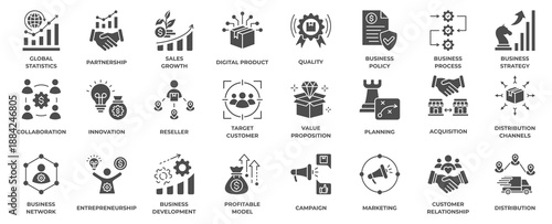 Business Concept solid icon collection. Business Model, Value Proposition, Market Research, Strategic Planning, Quality, Collaboration, Innovation, Business Process and Business Strategy.