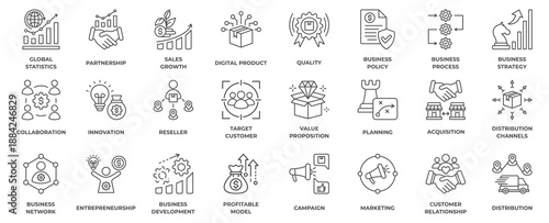Business Concept line icon collection. Business Model, Value Proposition, Market Research, Strategic Planning, Quality, Collaboration, Innovation, Business Process and Business Strategy.