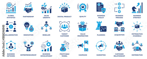 Business Concept flat blue icon collection. Business Model, Value Proposition, Market Research, Strategic Planning, Quality, Collaboration, Innovation, Business Process and Business Strategy.