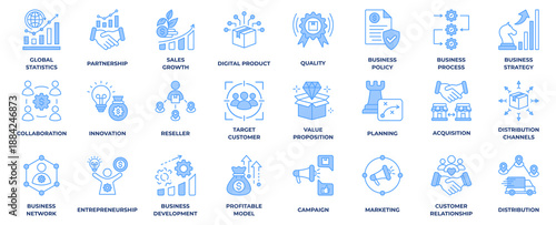 Business Concept blue icon collection. Business Model, Value Proposition, Market Research, Strategic Planning, Quality, Collaboration, Innovation, Business Process and Business Strategy.