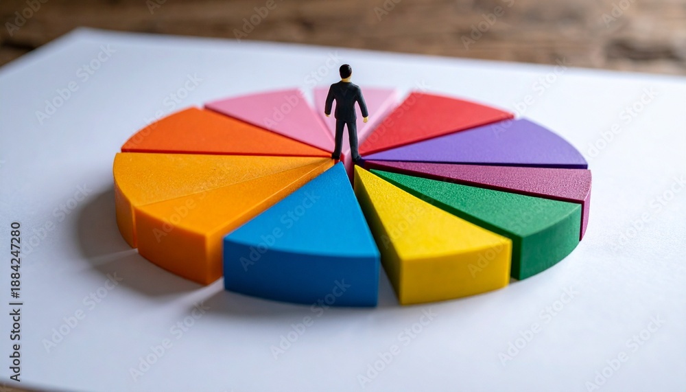 Obraz premium Figurines on colorful pie chart analyzing data.