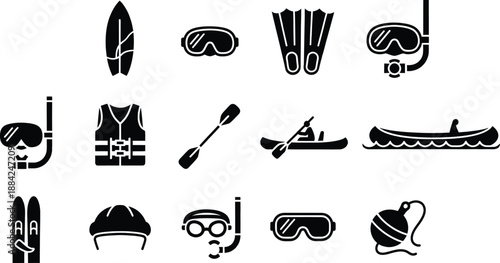 Icons set for water sports equipment and activities like surfing and diving