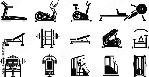 A collection of black and white icons representing various gym and fitness equipment