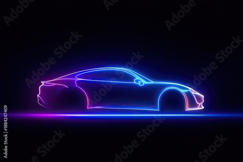 A side view of a modern sports car outlined in vibrant neon colors against a black backdrop