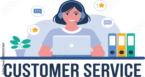 Female customer service representative wearing a headset provides online support from her.