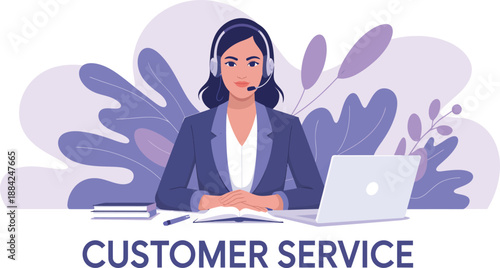 Dedicated customer service professional sits attentively at her desk, ready to assist.