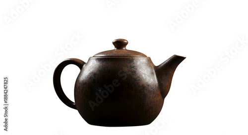 Brown, textured ceramic teapot sits in studio lighting against black. Ideal for product mockups, ads.