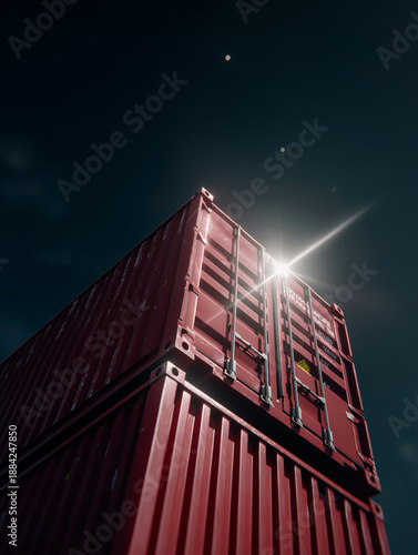Low angle stacked red shipping containers with dramatic lens flare
