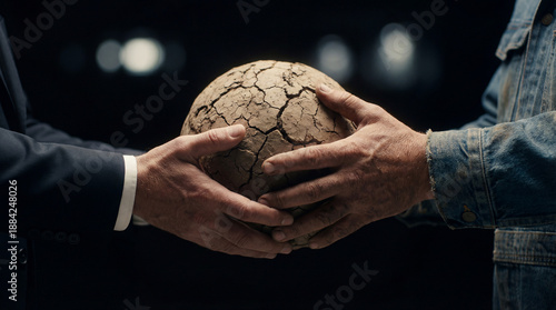 Climate crisis handover of cracked earth globe between businessman and worker, drought and resource conflict concept for environmental politics, sustainability and responsibility