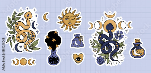 Mystical Snakes witchy Stickers with Moon Phase, Flowers, Sun, potion bottles and celestial symbols. Vector Isolated Magical Color Hand Drawn Doodle on checkered background.
