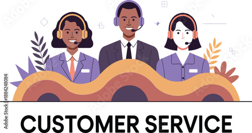 Diverse customer service team members wear headsets, ready to assist clients with their.