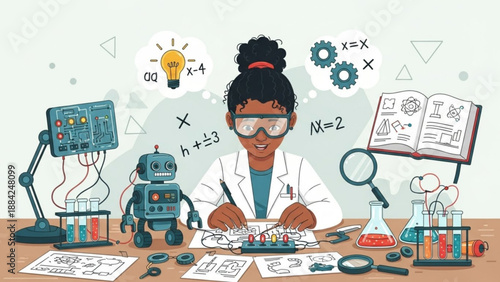 Female scientist in lab coat working with robot and experiments at wooden desk in laboratory setting with educational tools and equations