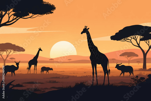 African savanna sunset with giraffes, antelopes, warthogs, acacia trees, and warm gradient sky.