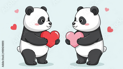Two cartoon pandas holding hearts standing on light blue background with floating hearts cute and romantic illustration for valentine's day or love themed designs