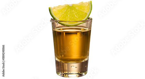 Gold Tequila in shot glass features a green lime slice; product photo for a menu, restaurant branding, bar poster.