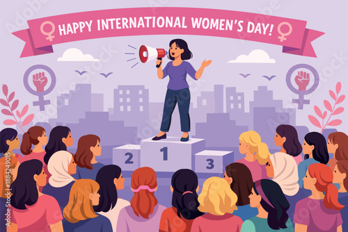 Woman on podium addresses crowd celebrating International Women's Day