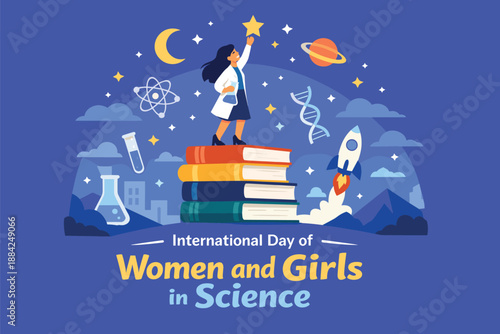 Woman scientist reaching for stars from stack of books in space
