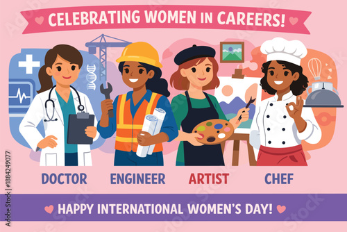 Diverse women in careers: doctor, engineer, artist, chef celebration