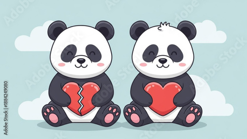 Cute cartoon pandas with broken and whole hearts expressing love and heartbreak in a whimsical scene