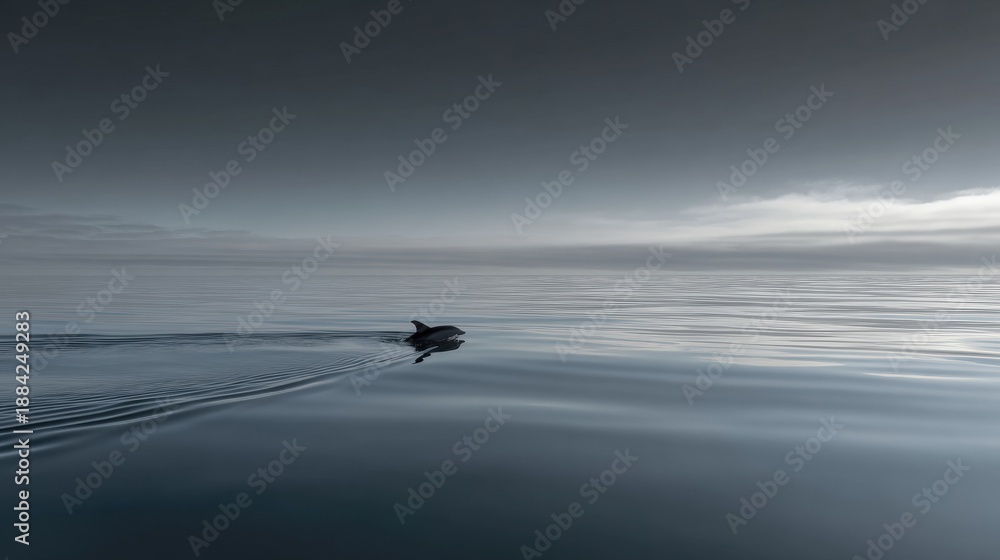 Fototapeta premium Serene Porpoise Surfacing Against a Calm Horizon at Dusk