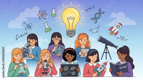 Diverse group of young girls engaged in science reading and learning with various educational tools and symbols