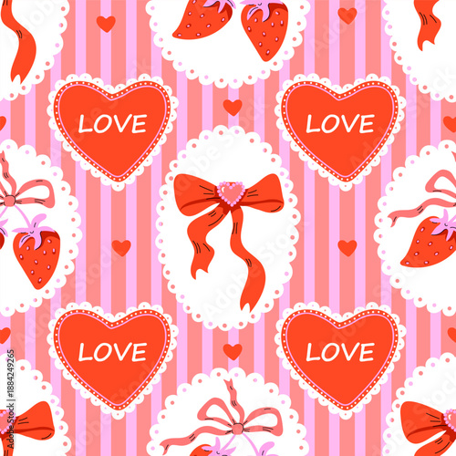 Seamless vintage pattern with hearts, bows and strawberries on a striped background. Playful romantic design in red and pink colors about love. Suitable for Valentine's Day, love theme