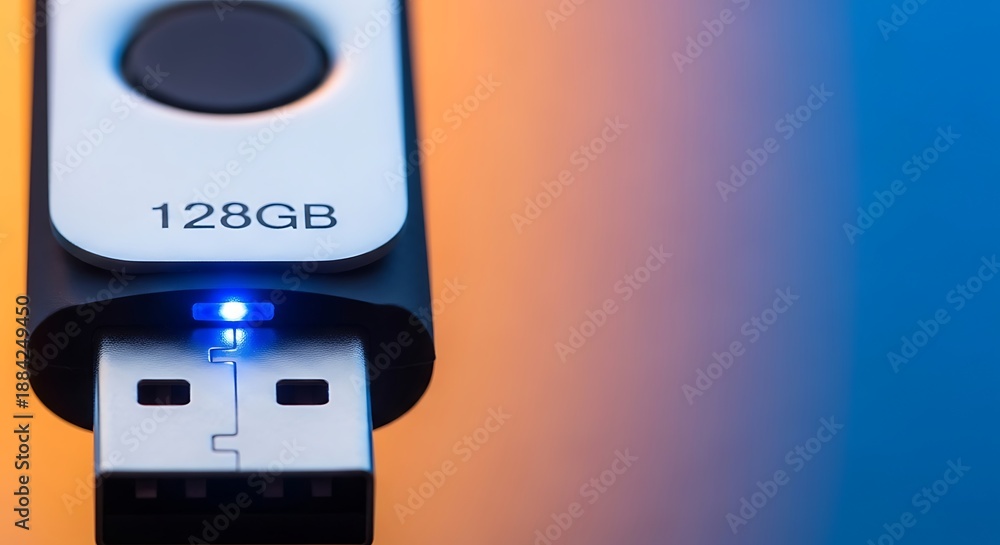 Fototapeta premium Closeup of a 128gb usb flash drive with blue light on colorful background