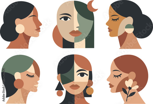 Modern geometric female faces with abstract, muted color palette