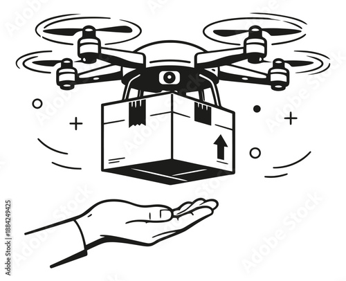 Line art illustration of a delivery drone depicting a package being delivered to a hand for modern logistics and e-commerce