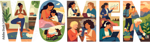 Diverse women's lives depicted within the word WOMEN, flat illustration