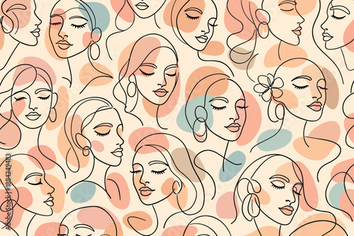 Abstract continuous line art of diverse female faces in pastel colors