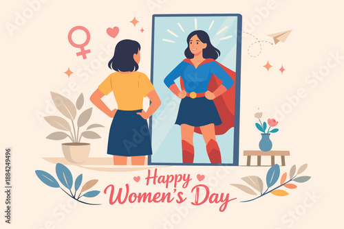 Woman sees herself as a superhero in mirror on Women's Day