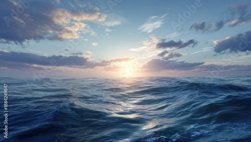 Beautiful ocean waves under a vibrant sunset with a partly cloudy sky