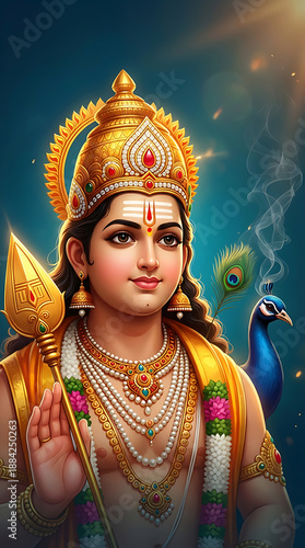 glowing portrait of lord murugan with a peacock and divine vel for religious celebration of thaipusam reflecting spiritual energy and ancient indian traditions