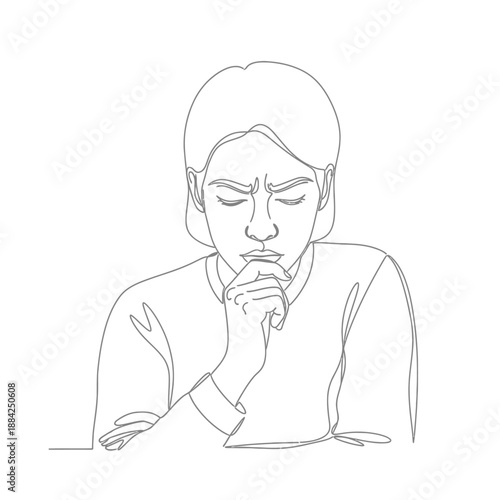 Continuous line drawing of a pensive woman sitting alone at a table