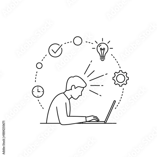 Man sitting at laptop with idea lightbulb clock and gear icons around him.