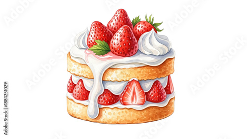 Piece of cake with whipped cream and strawberries on top with strawberry.